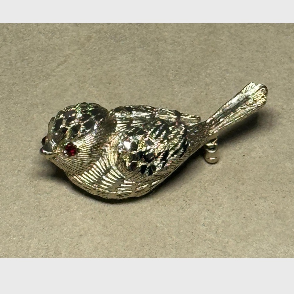 Vintage Jewel-Eyed Sparrow Brooch